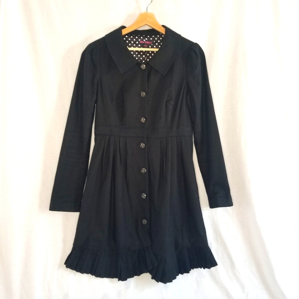 RARE Betsey Johnson Collection black polkadot lined button up coat women's sz 8